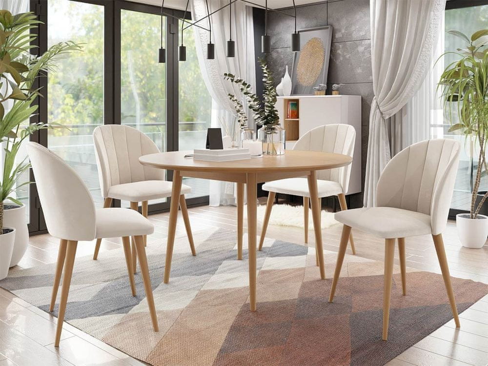 Veneti Okrúhly jedálenský stôl 120 cm so 4 stoličkami NOWEN 1 - prírodné drevo / béžový